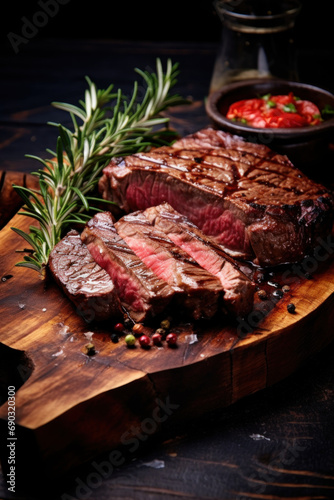 Close-up of medium rare beef and steak slices on a wooden board and rosemary on a wooden background.