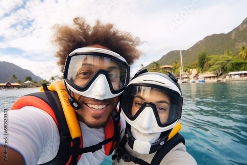 Young mixed race tourists couple in snorkeling masks hugging and making selfie photo with GoPro