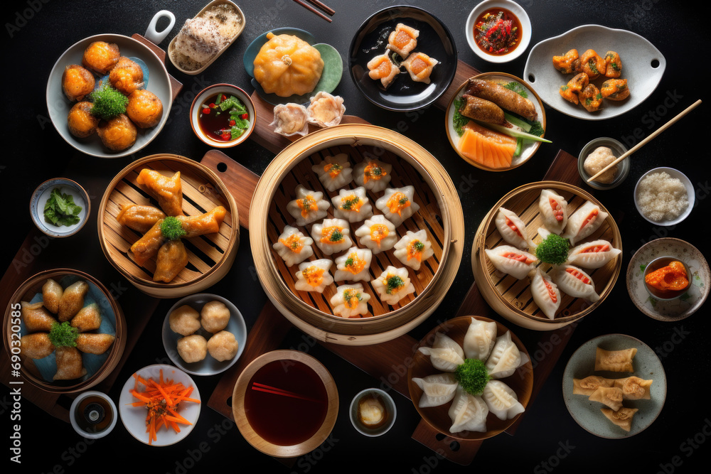 A dim sum is on Chinese tables and includes dumplings, steamed buns and other small dishes. A dim sum is on Chinese tables and includes dumplings, steamed buns and other small dishes.