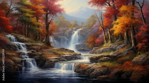 A captivating autumn forest scene with a majestic waterfall as its centerpiece. photo