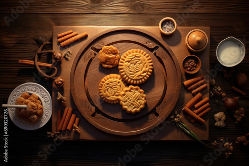 Chinese mid autumn festival mooncake on wooden table