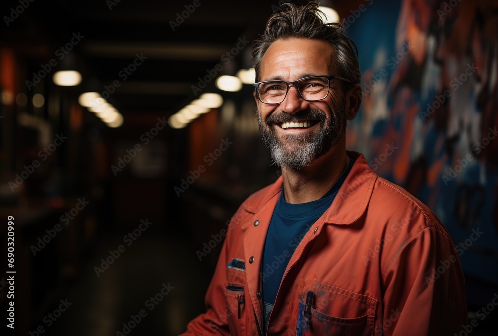 A cheerful man with a warm smile stands confidently against a wall, his facial hair and glasses adding to his charming persona