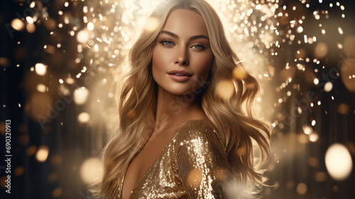 Luxurious and glamorous image of blond woman in glittering gold dress, Set against golden glitter background, AI Generated