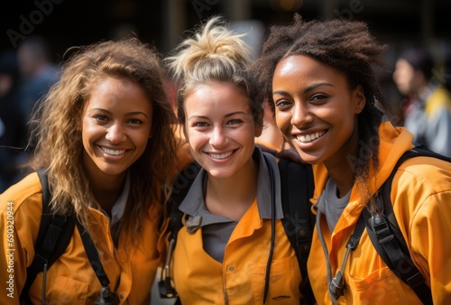 A group of stylish women radiate confidence and joy as they stand outdoors, their bright orange jackets a striking contrast to their beaming faces and the vibrant yellow surroundings