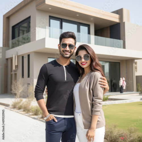 young couple standing near new home. real estate concept