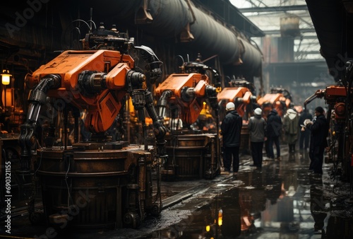 A diverse group of individuals, united by their common goal, stand proudly inside a bustling factory as they work tirelessly to assemble a powerful locomotive for the future of transportation © familymedia