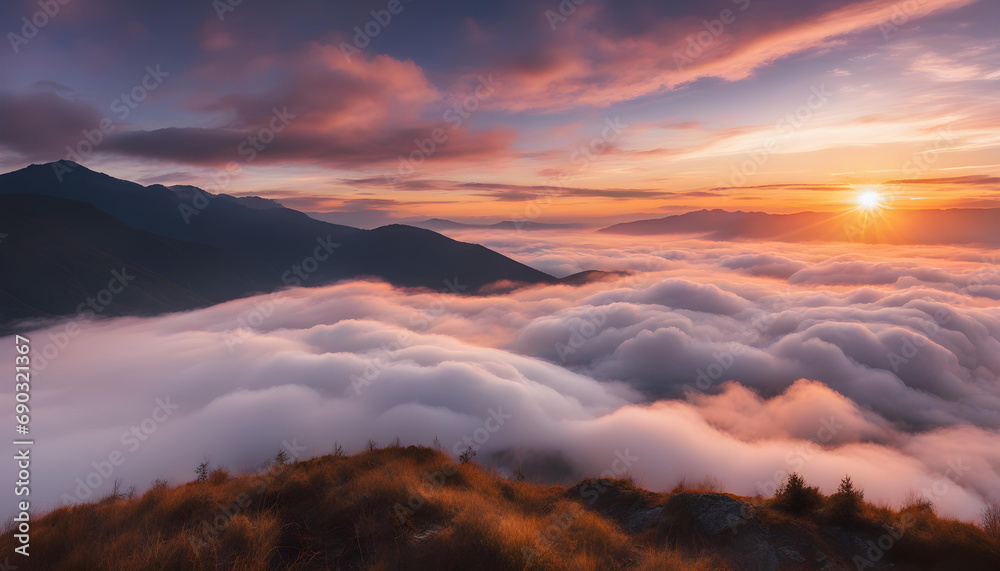 Beautiful sky over clouds at sunset time in mountains Beautiful sky over clouds at sunset time in mountains
