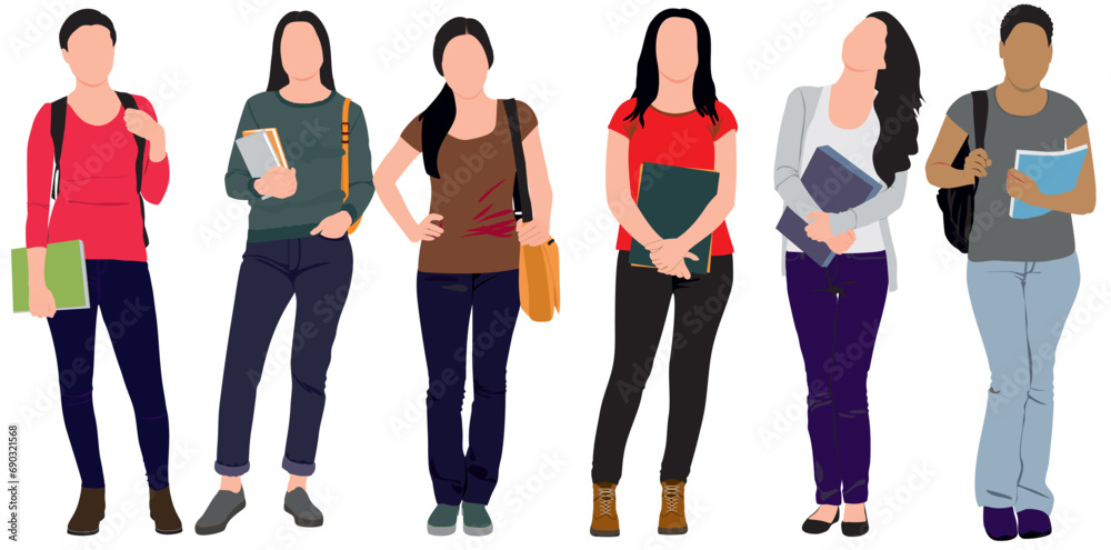 Obraz premium Group of multiracial and multicultural college students. Young girls holding books, standing and walking to university. Vector realistic illustration on isolated white background