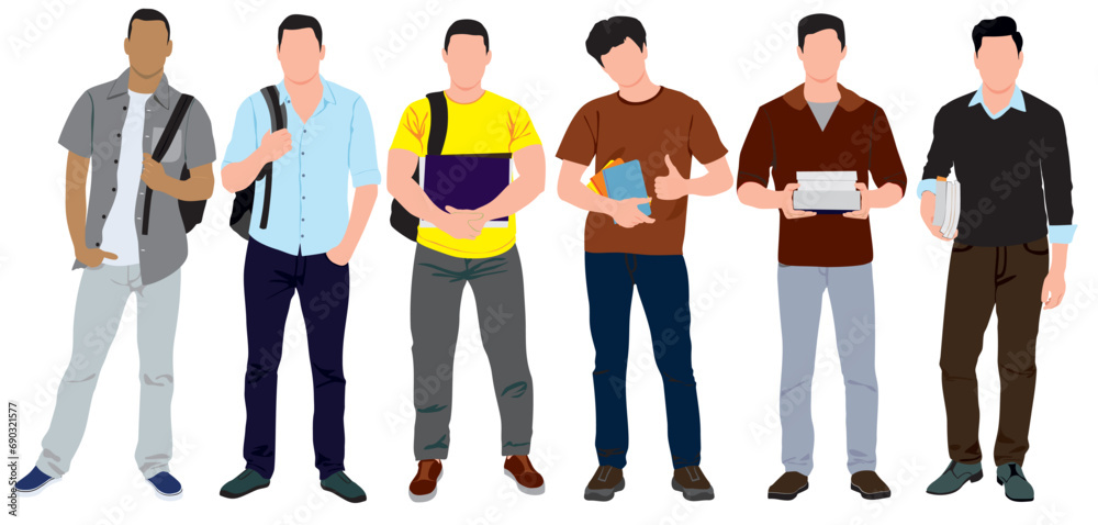 Obraz premium Group of multiracial and multicultural college students. Boys holding books, standing university. Vector realistic illustration on isolated white background