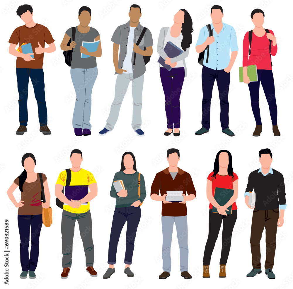 Obraz premium Group of multiracial and multicultural college students. Young girls and boys holding books, standing and walking to university. Vector realistic illustration on isolated white background