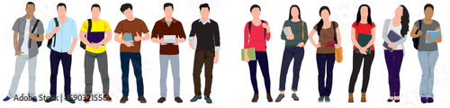 Group of multiracial and multicultural college students. Young girls and boys holding books, standing and walking to university. Vector realistic illustration on isolated white background