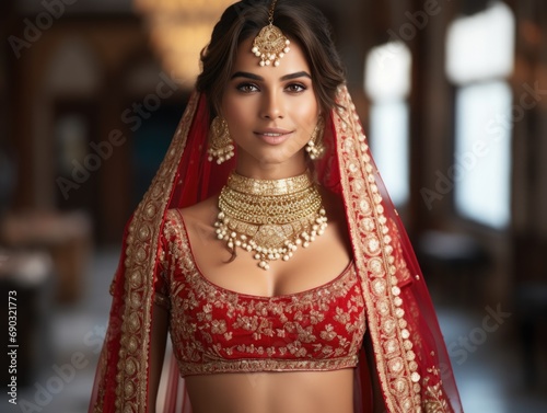 A beautiful girl in a red sari and gold jewelry