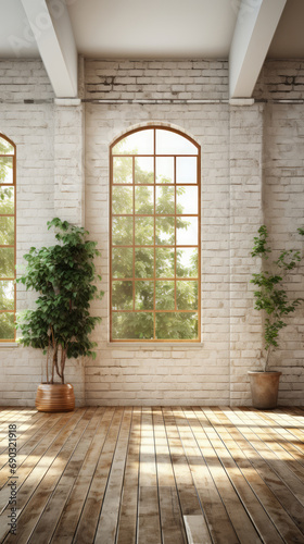 A window illuminates a room with a captivating view against a rustic brick wall  creating a serene and spacious ambiance