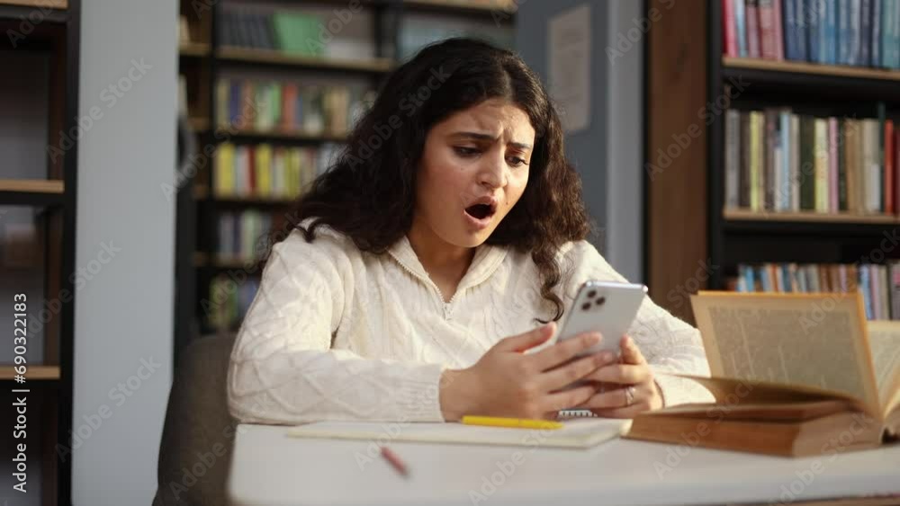 Attractive young curly woman student get notification and feeling upset reading bad negative news message exam result sitting at desk at university library Disappointment concept Attractive young curly woman student get notification and feeling upset reading bad negative news message exam result sitting at desk at university library Disappointment concept