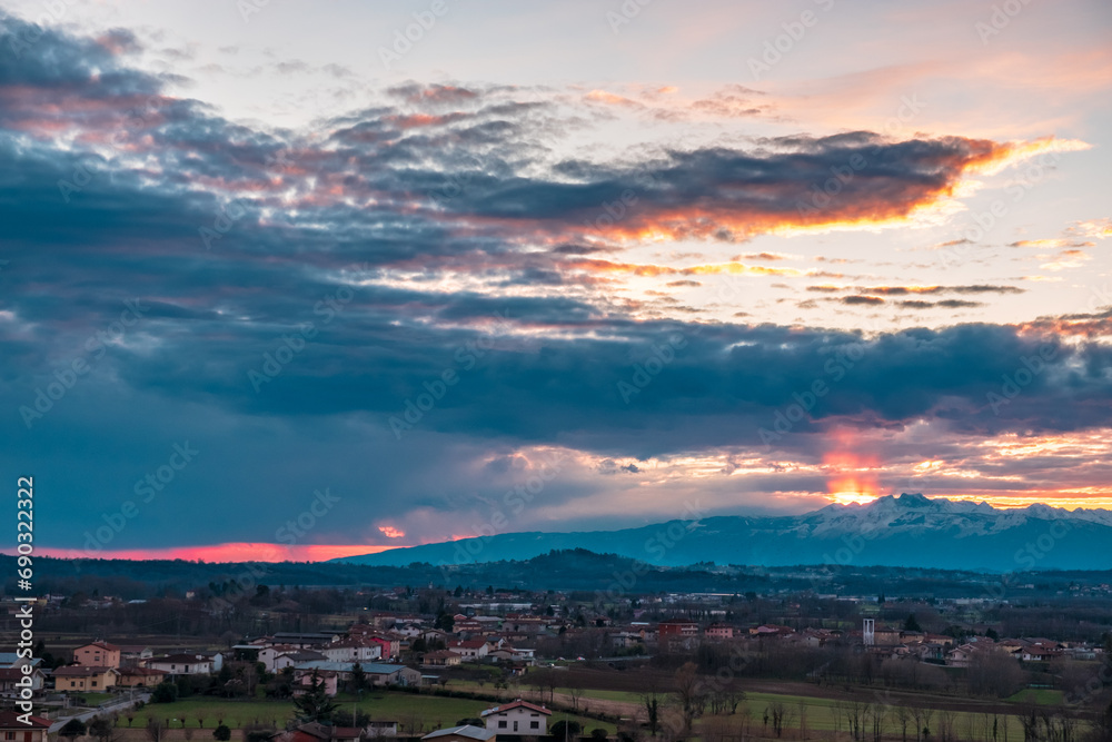 Fototapeta premium Winter colorful sunset in the countryside of Friuli-Venezia Giulia, Italy