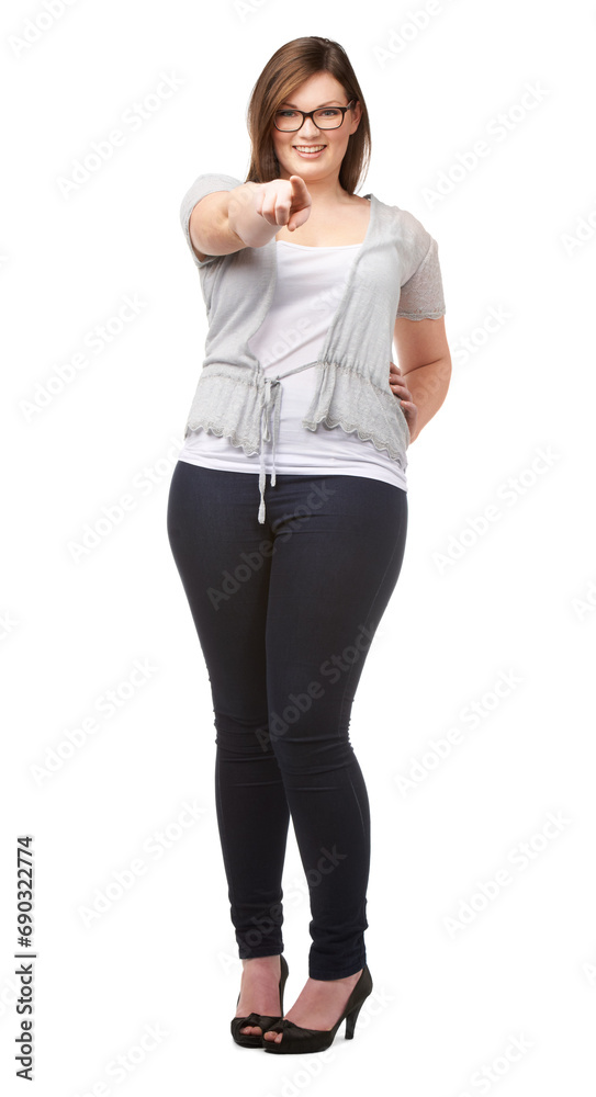 Portrait, vote and a plus size woman pointing at you in studio isolated on a white background for decision. Smile, choice or selection with a happy young body positive model offering an opportunity Portrait, vote and a plus size woman pointing at you in studio isolated on a white background for decision. Smile, choice or selection with a happy young body positive model offering an opportunity