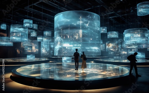 a huge room with hologram screens