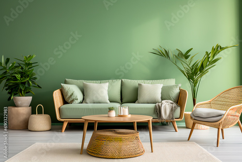 Modern living room in Scandinavian style: Elliptical coffee table beside a light green sofa, wicker chairs against a green wall, exuding chic simplicity. 