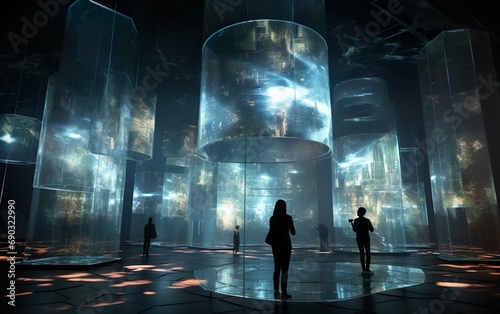 a huge room with hologram screens