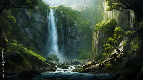 A majestic deep forest waterfall cascading down a rocky cliff