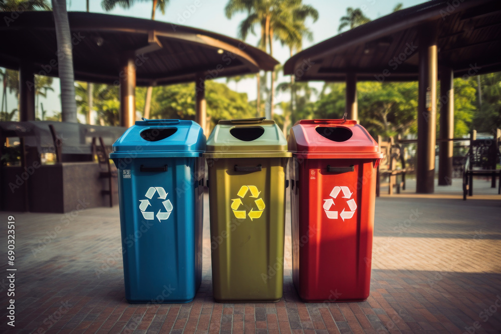 Recycling trash Yellow, green, blue and red where there is a recycling symbol in public places and waste management and recycling Recycling trash Yellow, green, blue and red where there is a recycling symbol in public places and waste management and recycling