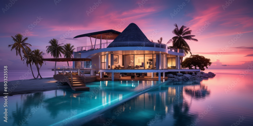 A luxury home with a modern pool and picturesque scene at sunset.