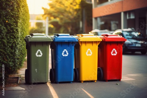 Recycling trash Yellow, green, blue and red where there is a recycling symbol in public places and waste management and recycling