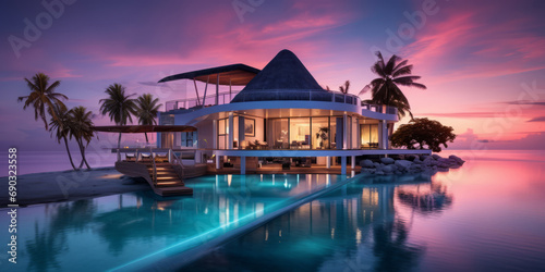 A luxury home with a modern pool and picturesque scene at sunset. © mihrzn