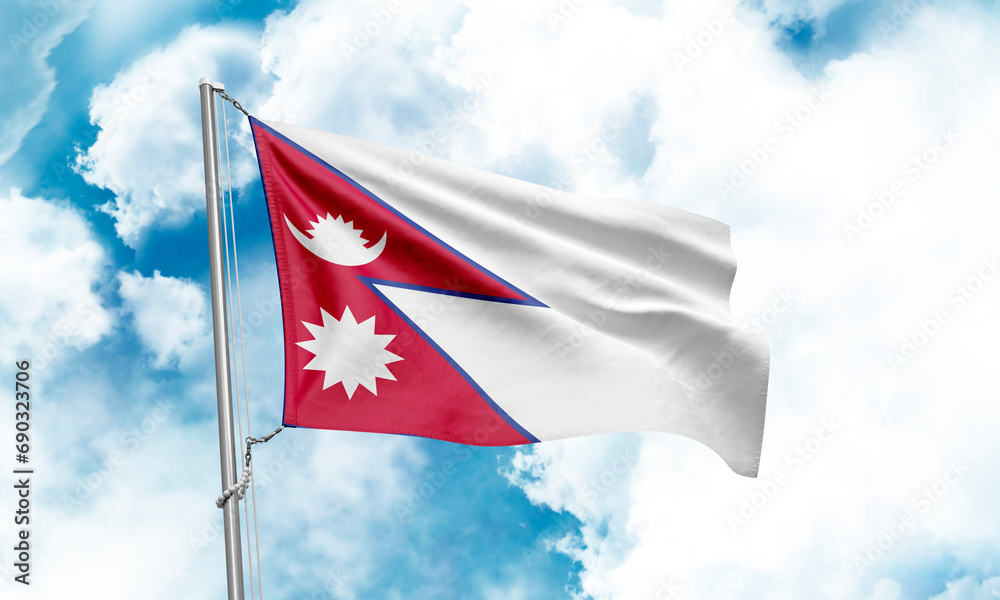 Fototapeta premium Nepal flag waving on sky background. 3D Rendering