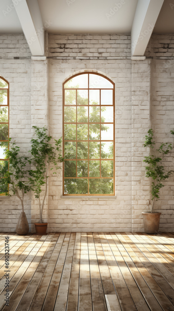 A window illuminates a room with a captivating view against a rustic brick wall, creating a serene and spacious ambiance A window illuminates a room with a captivating view against a rustic brick wall, creating a serene and spacious ambiance