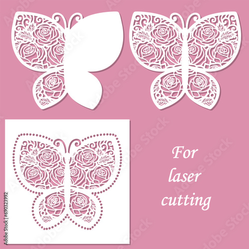 Butterfly with floral pattern. Template for laser cutting from paper, cardboard, wood, metal. For the design of wedding cards, invitations, interior decorations, stencils, scrapbooking, etc. Vector