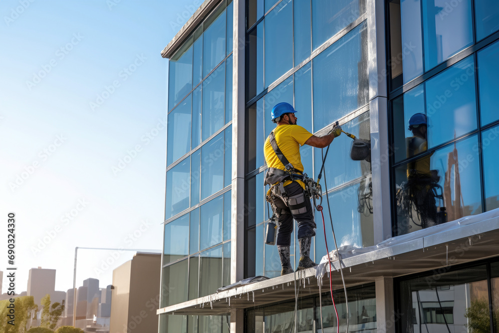 Window cleaner.Male professional cleaning service worker in overalls cleans the windows  with special equipment