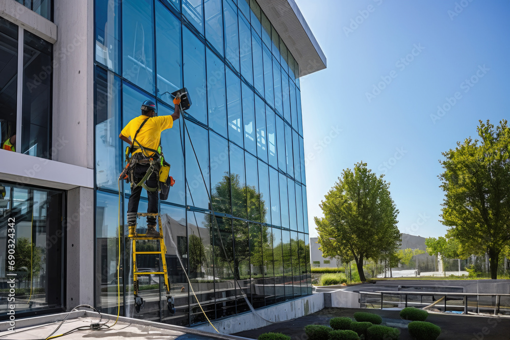 Window cleaner.Male professional cleaning service worker in overalls cleans the windows with special equipment Window cleaner.Male professional cleaning service worker in overalls cleans the windows with special equipment