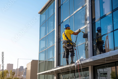 Window cleaner.Male professional cleaning service worker in overalls cleans the windows  with special equipment photo