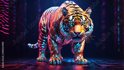 Tiger in digital geometric style, bright colors,  AI generated © Mystery