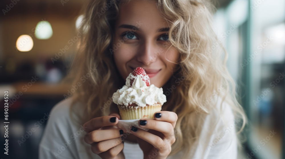 Young beautiful woman eating a cake with cream closeup