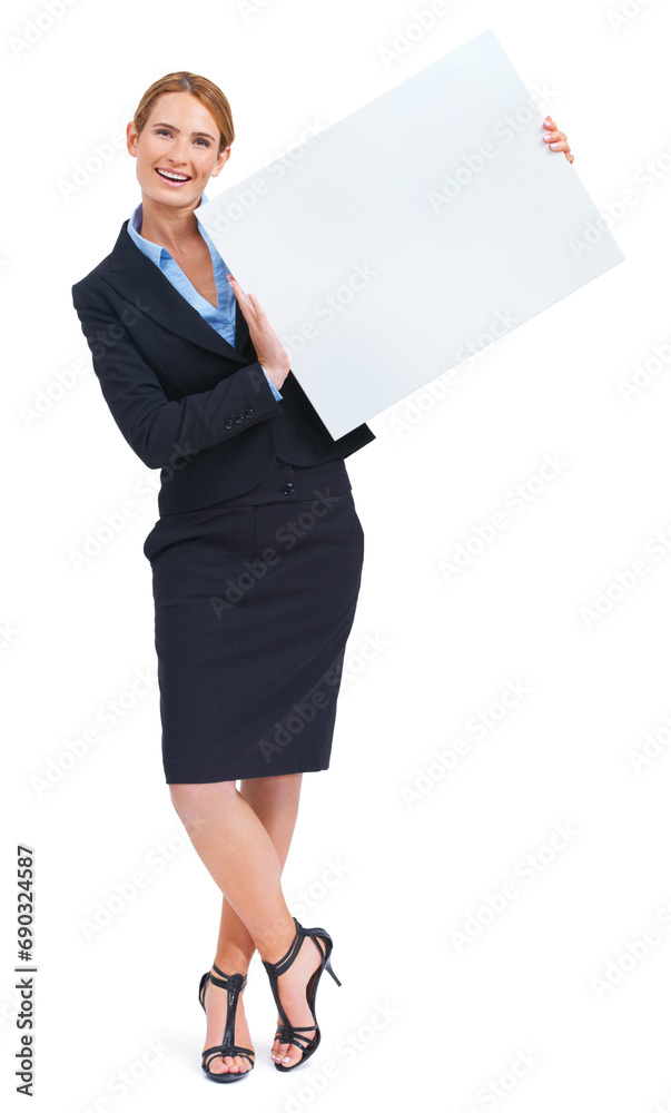 Woman, portrait and poster mockup in studio for information news, communication or business sale. Female person, board and advertising as corporate worker or about us, signage on white background Woman, portrait and poster mockup in studio for information news, communication or business sale. Female person, board and advertising as corporate worker or about us, signage on white background