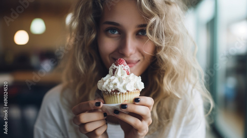 Young beautiful woman eating a cake with cream closeup