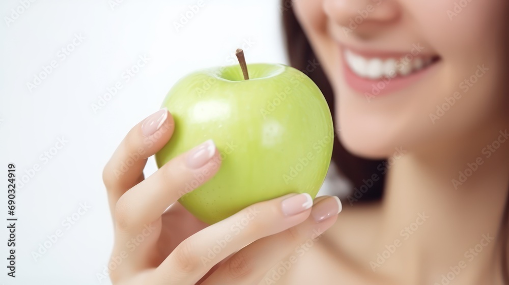 Beautiful woman eating a green apple in the studio on white background. female smile after teeth whitening procedure. Dental care. Dentistry and healthy lifestyle concept. Beautiful woman eating a green apple in the studio on white background. female smile after teeth whitening procedure. Dental care. Dentistry and healthy lifestyle concept.