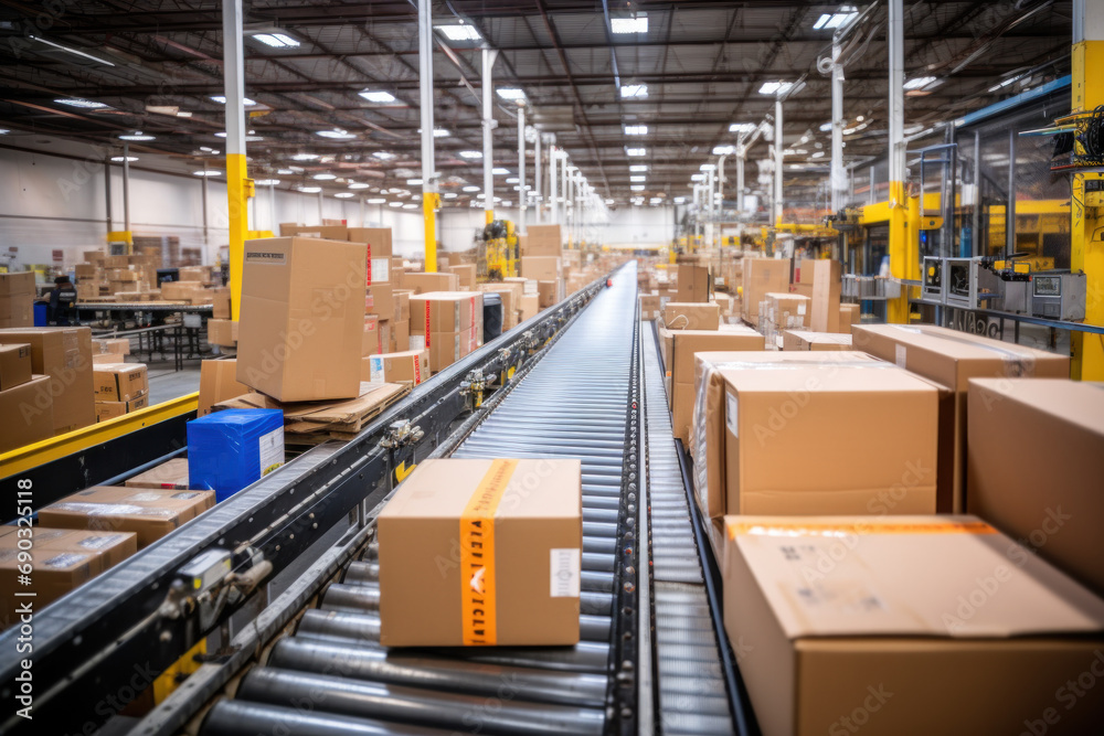 Naklejka premium Logistics station with automatic conveyor belt Efficient conveyor belts for moving cardboard carton packages in busy warehouse fulfillment centers.