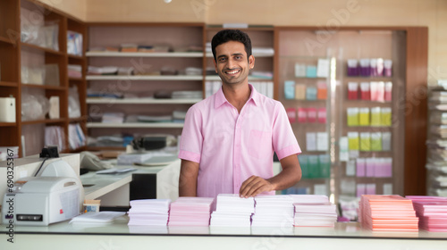 Young indian small business owner standing at his own shop photo