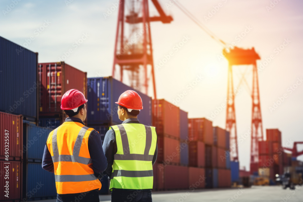 Male engineer and foreman manage loading containers from cargo ship for import and export. and engineers check the quantity of goods in the container. - obrazy, fototapety, plakaty 