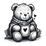 cute teddy bear with a mug and blanket vector sketch