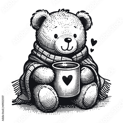 cute teddy bear with a mug and blanket vector sketch © Curly