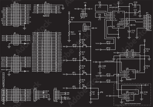 Vector electrical schematic diagram of an digital
electronic device with lcd, operating under the control of a microcontroller.
Sheet 1 of 3.