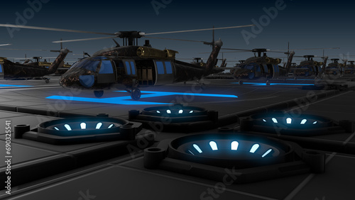 Fototapeta Naklejka Na Ścianę i Meble -  Large group of helicopters. 3d rendering