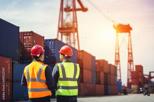 Male engineer and foreman manage loading containers from cargo ship for import and export. and engineers check the quantity of goods in the container. photo