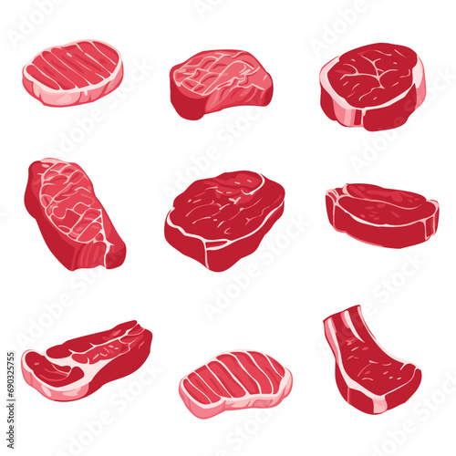 A set of raw fresh meat pieces for steaks, vector illustration.