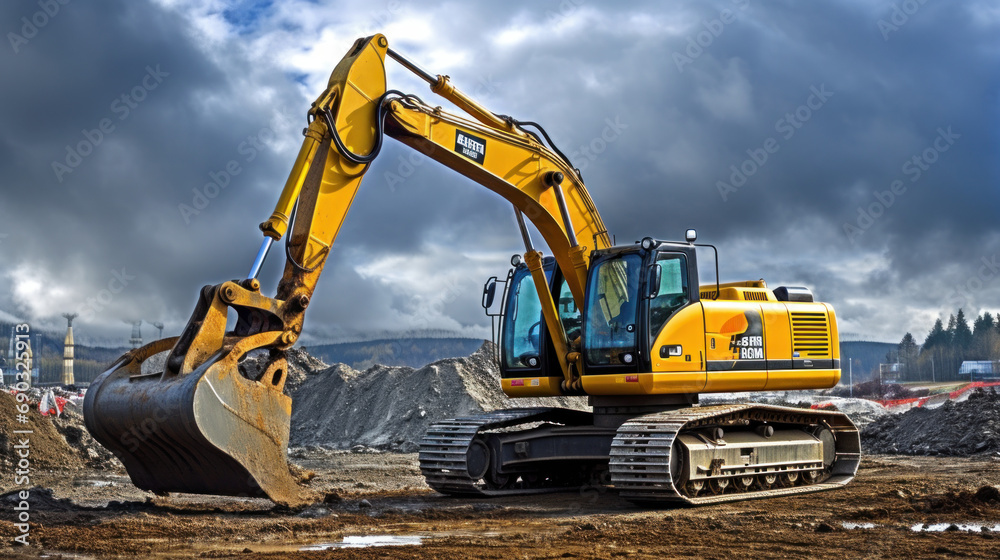 Yellow excavator or backhoe is digging soil and working on construction site. Heavy duty construction equipment in the workplace