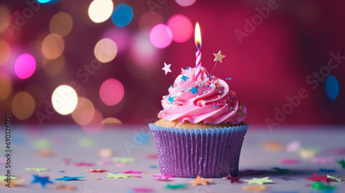 copy space, stockphoto, Birthday card with a tasty festive cupcake decorated with sugar and a burning candle. Beautiful design for birthday card, greeting card. Template for birthday card for children